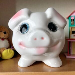 Vintage kitschy ceramic piggy bank, Japan, MCM anthropomorphic style
